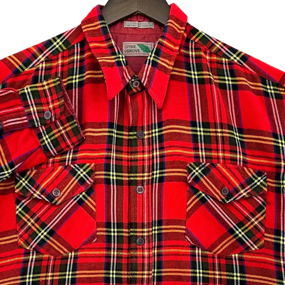 VTG Pineβ Grove Red Plaid Lumberjack Button Up Flannel Shirt SZ L 80s 90s Grunge